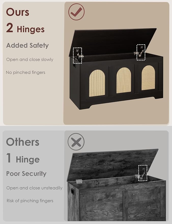 Storage Chest, Wooden Toy Box, Espresso Oak 39.4" L | Entryway Shoe Bench, 2 Safety Hinges, Finger-safe Flip-Top, Easy Assembly, Farmhouse Large Trunk, Rattan, Living Room/Bedroom