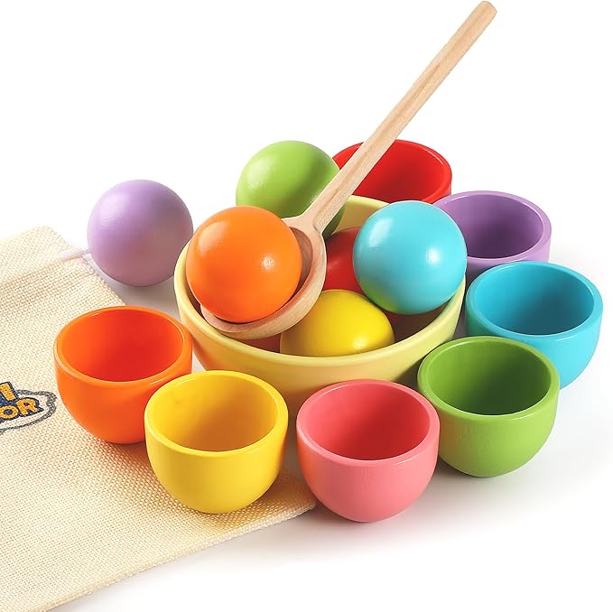 Montessori Larger Ball in Cup Color Sorting Toy for Toddlers Wooden Rainbow Ball Color Matching Toy - 7, 46mm