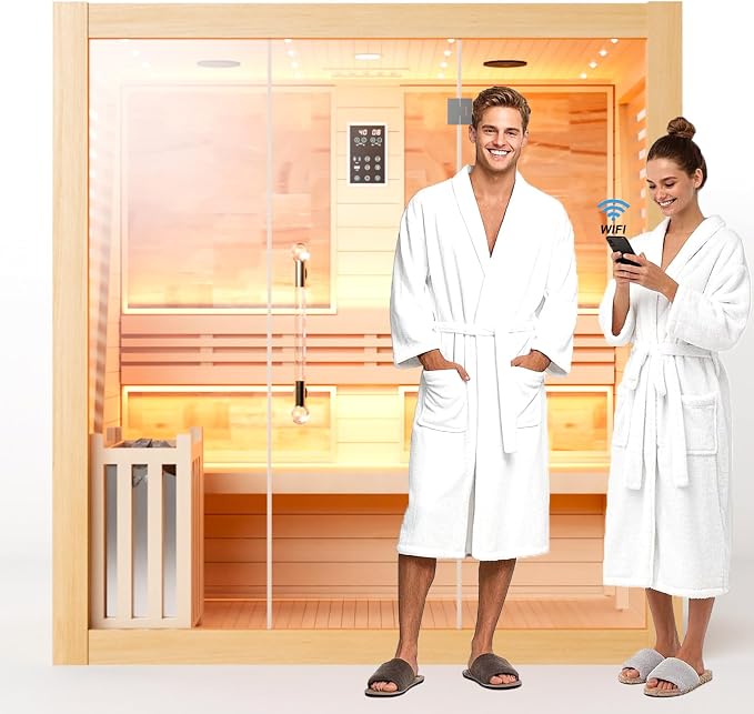 Smartmak Wood Home Steam Sauna, WiFi Control 4 Person Canadian Hemlock Traditional Luxurious Wooden Indoor Spa Room, with 4.5 kw Heater, Speaker, Rocks, Water Bucket, Spoon, Sky Lights