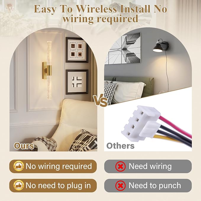 camuucci Battery Operated Wall Sconces Set of 2, Rechargeable Wall Lights | 12000mAh Long-Lasting Battery,Dimmable Cordless Sconce,,No Wiring Needed for Bedroom,Living Room,Gold 20.9-Inch