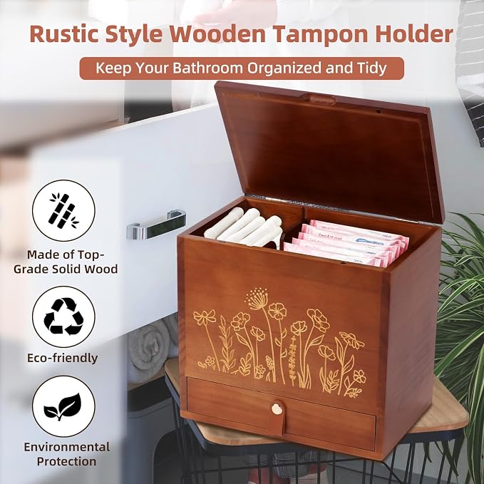 2-Layer Solid Wood Tampon Box Storage Organizer, 100% Wood Bathroom Feminine Accessories Holder with Drawer, Dual-Compartment Holder for Pads, Tampons, & Liners, Gold Floral, Gifts for Women