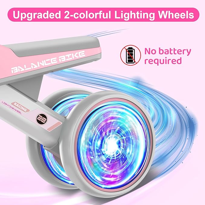 Colorful Lighting Baby Balance Bike Toys for 1 Year Old Girls Gifts, Toddler First Bike 12-24 Months with Adjustable Soft Seat, 4 Silent Wheels Ride on Toy, Perfect First Birthday Gift