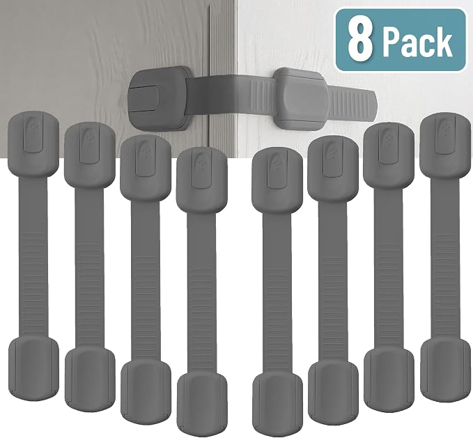 Bates- Child Safety Strap Locks, 8 Pack, Gray, Baby Cabinet Locks with Adjustable Strap Length