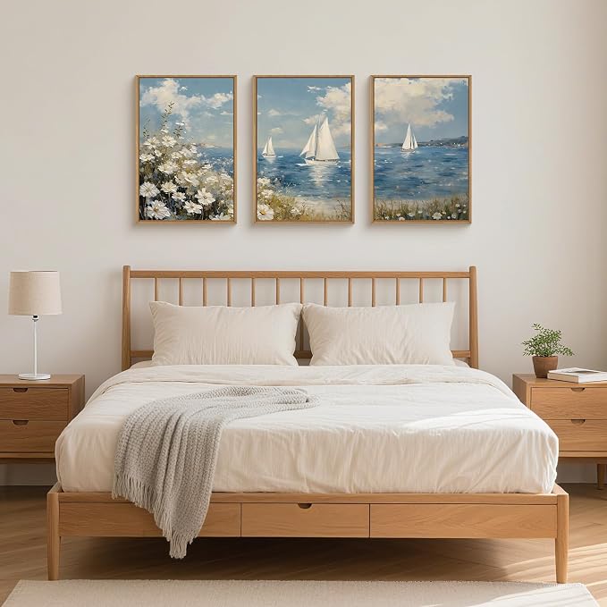 FWIEXA Coastal Wildflower Canvas Wall Art Framed, Ocean Sailboats Pictures Wall Decor, Beach Flower Seascape Painting, Blue Sky 3 Pieces 24x36In Artwork for Living Room, Bedroom, Bathroom, Rustic Farmhouse