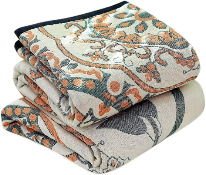 LUTBM Boho Throw Blanket for Bed 60"x80", 100% Cotton Cozy Couch Blankets | Reversible Floral Jacquard, All-Season Quilt, For Chair Sofa Living Room, Lightweight & Breathable Gauze, Vintage Home Decor