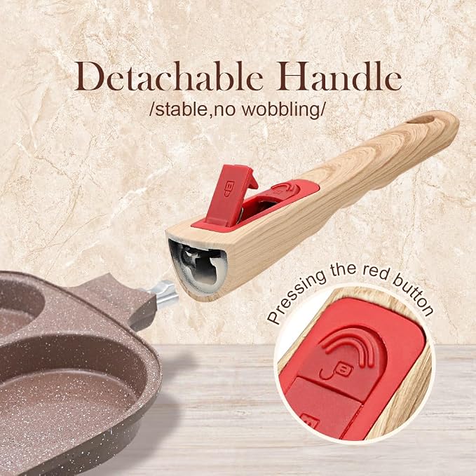Ceramic Egg Frying Pan with Lid, Nonstick 4 Cup Fried Egg Pan - Brown | Detachable Handle, Omelette Pan Induction Compatible