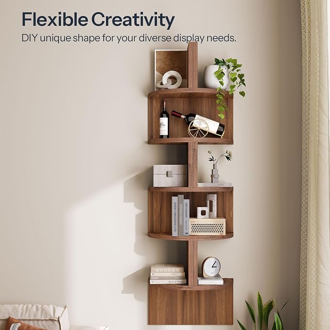 HOOBRO Corner Shelf Wall-Mounted, Set of 2 Floating Corner Shelves for Wall, 5-Tier Corner Bookshelves for Living Room, Bedroom, Bathroom, Home Office, Walnut WL26BJP201