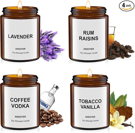 4PCS Massage Candles for Massage Therapy -Soy +Hemp Seed Oil, Body Oil Lotion Candle- Gift Set-18.08OZ (Lavender, Rum Raisins, Coffee Vodka, Tobacco Vanilla)
