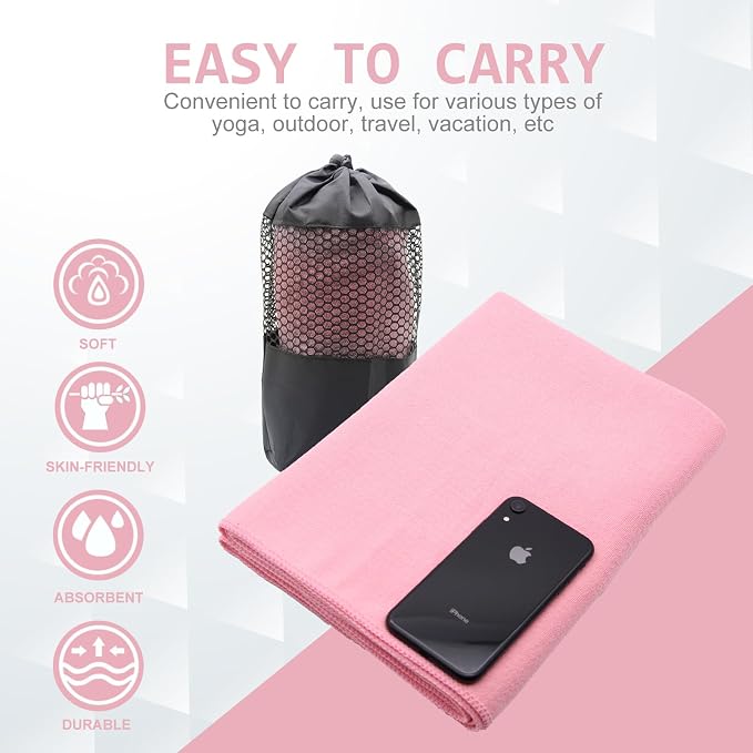Eunzel Yoga Towel,Hot Yoga Mat Towel with Grip Dots Sweat Absorbent Non-Slip for Hot Yoga, Pilates and Workout 24" x72", Pink