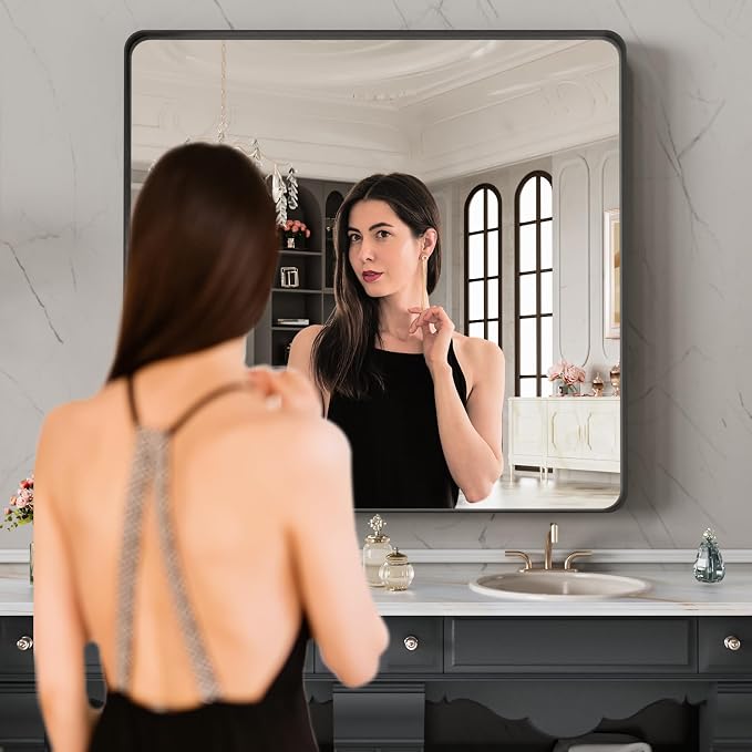 LOAAO 32X32 Inch Black Metal Framed Bathroom Mirror for Wall | Matte Black Bathroom Vanity Mirror, Anti-Rust, Hangs Horizontally or Vertically