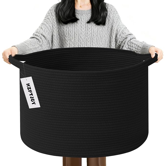 90L Extra Large Blanket Basket,Woven Rope Laundry Basket-Black | Collapsible, reinforced handles, nursery storage bin organizes clothes, toys and pillows for living room, bedroom bathroom