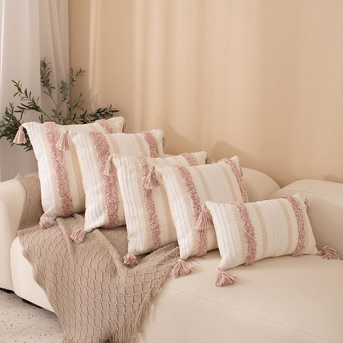 Boho Tufted Square Pillow Cover 22 × 22 in – Neutral Pink | Woven Farmhouse Accent Decorative Throw Pillow Cover with Tassels & Invisible Zipper for Couch, Bed or Living Room