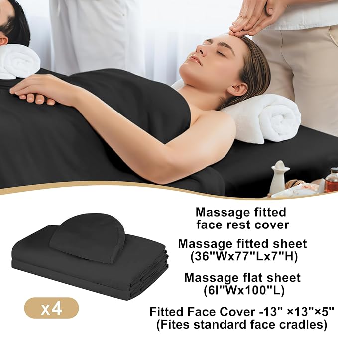 4 Sets Premium Microfiber Massage Table Sheets Set 3 Piece Set Includes Massage Table Cover Fitted Sheet and Fitted Face Rest Cover, Black