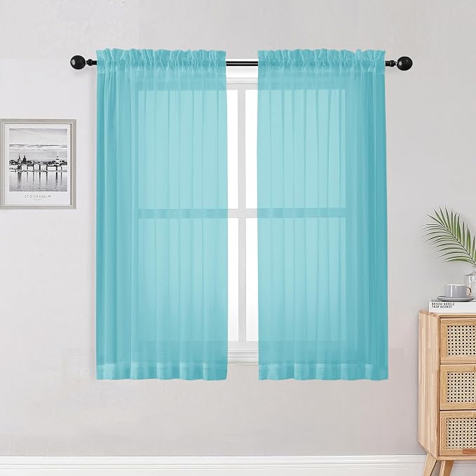 OWENIE Aqua Sheer Curtains for Bedroom Living Room 54 Inch Length 2 Panels Set, Soft Solid Light Filtering Sheer Short Curtains for Small Window, 2 Pcs Total 84 Width 54 Long, Aqua