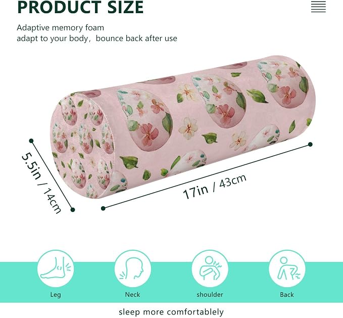 Pink Easter Eggs and Leaves Neck Roll Pillow Bolster Round Health Memory Foam Long Cervical Cylinder Pillows with Removable Washable Cover for Body Bed Legs Back Yoga