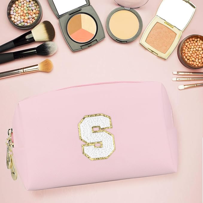 Initial Makeup Bag, Personalized Preppy Letter Monogram Cosmetic Bag | Waterproof PU Material, Compact Size, Large Capacity 7.09 x 2.95 x 3.94 in, Surprise Gift for Daughters and Teens