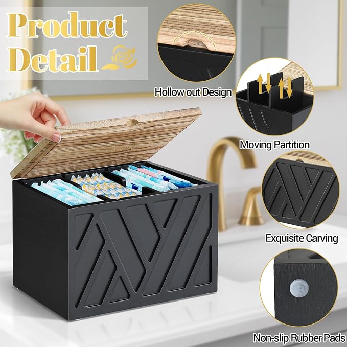 Jorkol Tampon Holder for Bathroom Decor, Feminine Product Organizer with Lid, Shark Week Tampon Storage, Wood Pad and Tampon Organizer for Toilet Organizer, Bathroom Accessories Box for Girl Stuff