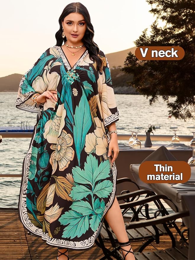 ChiaoLezhee Print Moo-Moos for Women, Kaftan Cover-Up Dresses, Sexy V-Neck High-Slit, Beach Pool-Party Coverups Muumuu Plus
