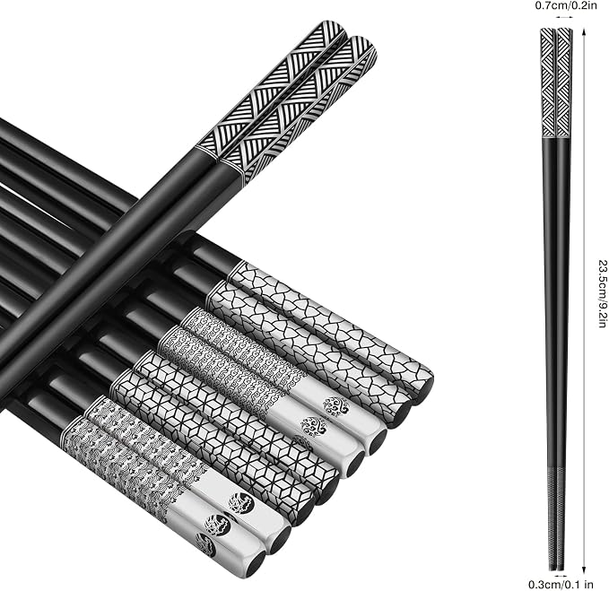 Stainless Steel Chopsticks Set-5 Pairs Reusable Metal Chopsticks 18/8 Dishwasher Safe, Non-Slip Laser Engraved Tips -Premium Japanese Korean Style Titanium Plated Black Chop sticks -Gift Box
