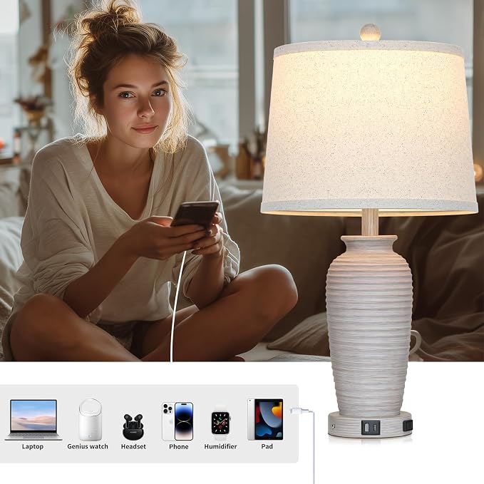 CINSARY 25" Vintage Farmhouse Jar Table Lamps, Single Rustic Bedside Lamp with USB A+C Ports & AC Outlet, Nightstand Lamps for Living Room, Bedroom, End Table, Grey White(LED Bulb Included)