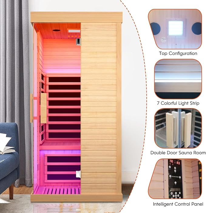 Infrared Sauna 1 Person Far Infrared Home Sauna for Men Women Elder | Canadian Hemlock Wood Low EMF Dry Sauna with Speakers Oxygen Bar 7 Color Light 1420W Fast Heating Easy Assembly 33.5x33.5x69"