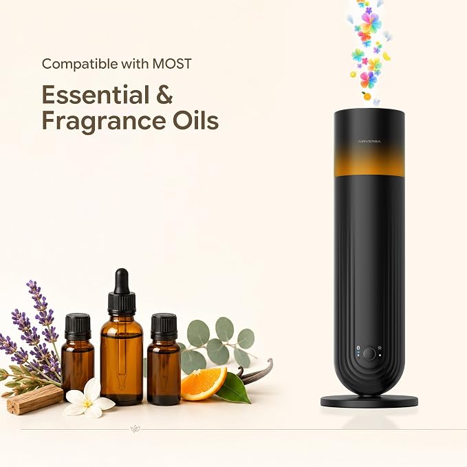Airversa U1 Smart Tower Waterless Essential Oil Diffuser for Room, Black | Up to 1200 sq ft, App Control, Cold Air, 120mL, DC-12V/1A Plug in Wall, Smart Scent Air Machine, For Home & Commercial Spaces