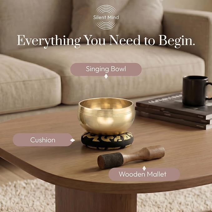 Silent Mind Tibetan Singing Bowl Set – Easy to Play & Beginner Friendly Meditation Bowl with Cushion & Mallet | Stress Relief & Mindfulness | Gift-Ready