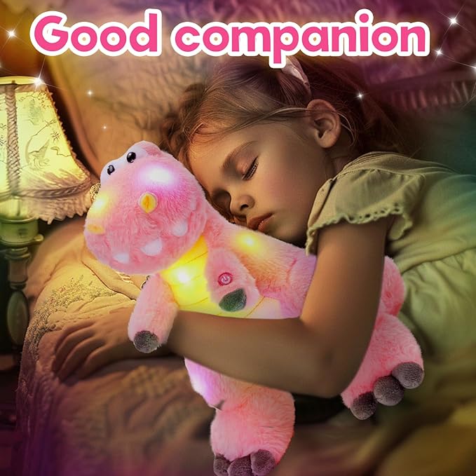 Houwsbaby 13'' Glowing LED T-Rex Dinosaur Light Up Stuffed Animal Soft Colorful Plush Toy Hugging Present for Kids Boys Girls Babies Accompany at Night Pet Decoration Holiday Birthday,Pink