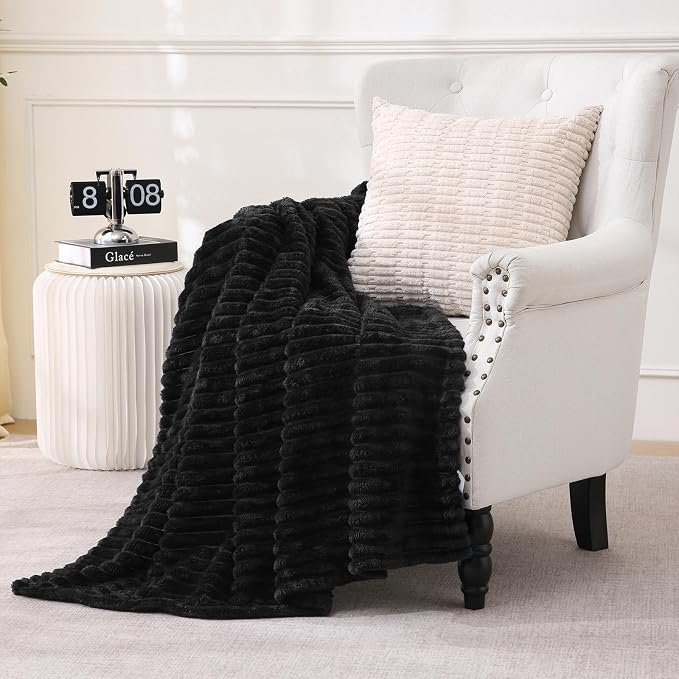 Black Fleece Throw Blanket 50”×60” for Couch Sofa Livingroom | Super Soft Cozy Plush Microfiber Flannel Bed Blanket Striped Design Lightweight Home Decor Gifts for Adults Mom Women