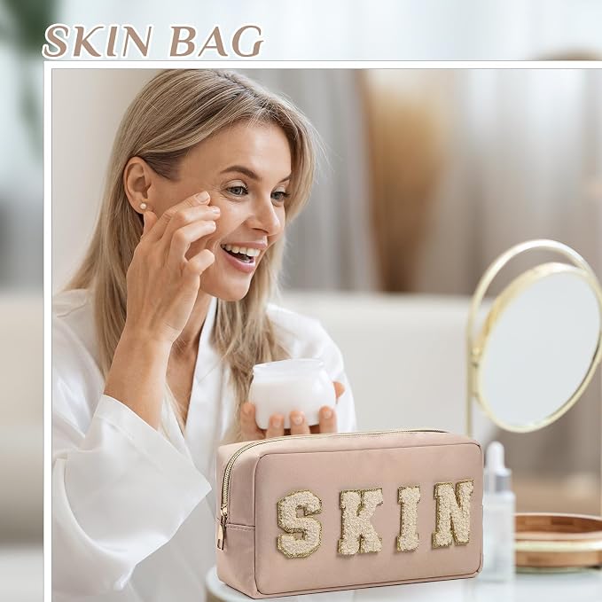 Preppy Makeup Bags Chenille Letter Stuff Bag Nylon Cosmetic Pouch Cases with Zipper for Women Travel Toiletry(Apricot Color,Classic,2 Pcs)