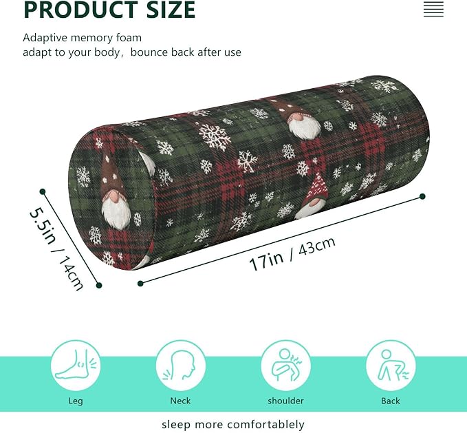 Christmas Gingham Gnome and Snowflakes Neck Roll Pillow Bolster Round Health Memory Foam Long Cervical Cylinder Pillows with Removable Washable Cover for Body Bed Legs Back Yoga