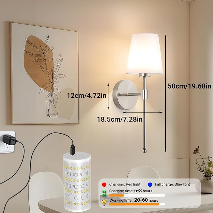 Battery Operated Wall Sconces Set Of 2, Wireless Battery Wall Light With 10000mAh RGB Rechargeable Magnetic Bulb, Rechargeable Wall Sconce With Remote Control For Bedroom, No Electrician Required