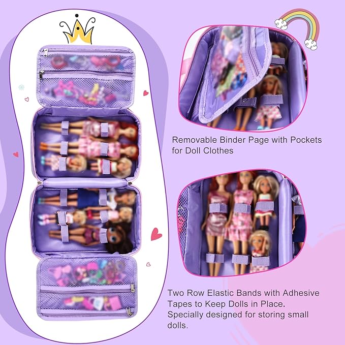 Carrying Case Compatible with Barbie Dolls 12-Inch/6-inch, All-in-One Organizer Holds 6-12 Dolls & Accessories，Large Doll Travel Case with Handle, Bag Only (Purple)