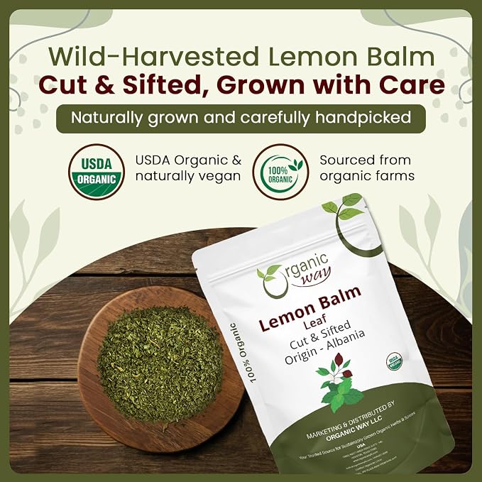 Organic Way Lemon Balm Leaf Cut & Sifted (Melissa officinalis) - Herbal Tea | Organic & Kosher Certified | Vegan | Raw, Non GMO & Gluten Free | USDA Certified | Origin - Albania, 2 Ounce (Pack of 1)