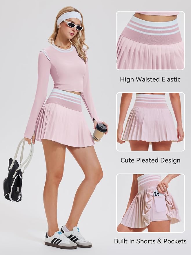 Two Piece Tennis Skirt Set for Women High Waisted Pleated Athletic Golf Skirt Sets Women 2 Piece Outfits with Pockets