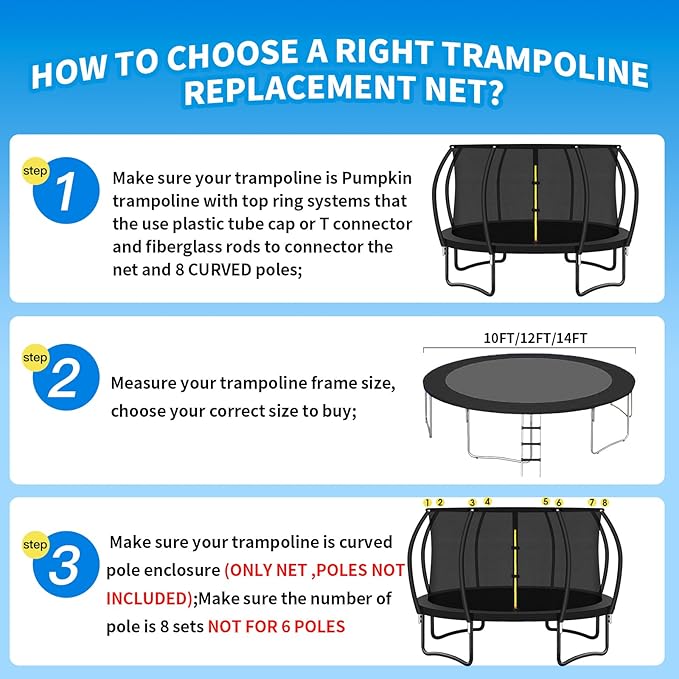 Top Ring Trampoline Enclosure Net Replacement-for 8 Curved Poles Top Ring System, Round Safety Net Only, Trampoline Accessories with Protection Buckles Adjustable Straps Zipper