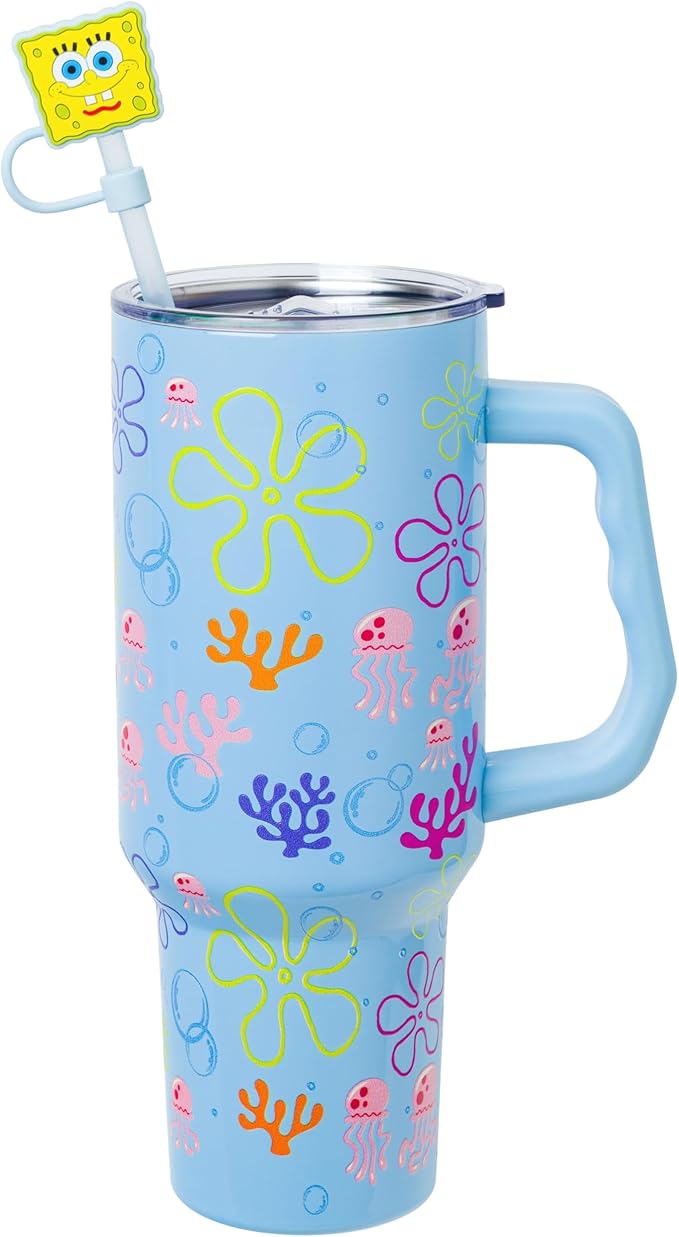 Silver Buffalo Spongebob Squarepants Jellyfishing in Bikini Bottom Double Walled Stainless Steel Tumbler with Handle, Straw, and Straw Cap, Fits in Standard Cup Holder, 40 Ounces