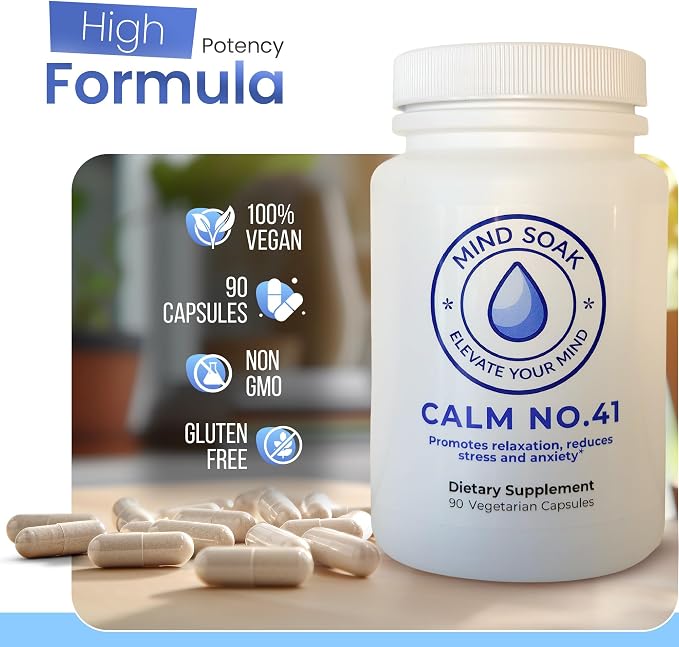 Mind Soak™ Calm No. 41 Magnesium Glycinate & L-Theanine Stress Relief Supplement with NAC and Apigenin | 90 Vegan Capsules | Non-GMO | Made in Canada