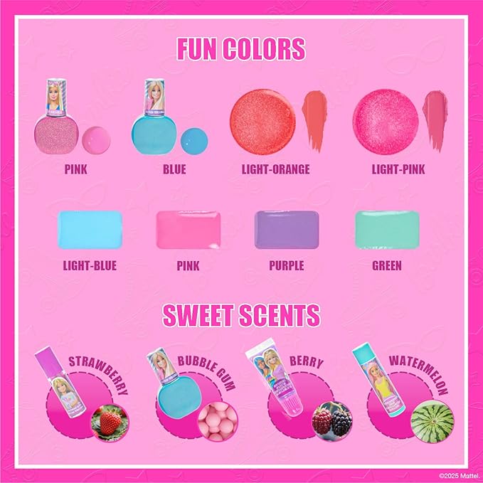 Barbie Train Case Beauty Set, Kids Makeup Kit for Girls, Real Washable Makeup Set, Play Makeup, Party Favor, Birthday, Ages 3 4 5 6 7 8 9 10 11 12 by Townley Girl