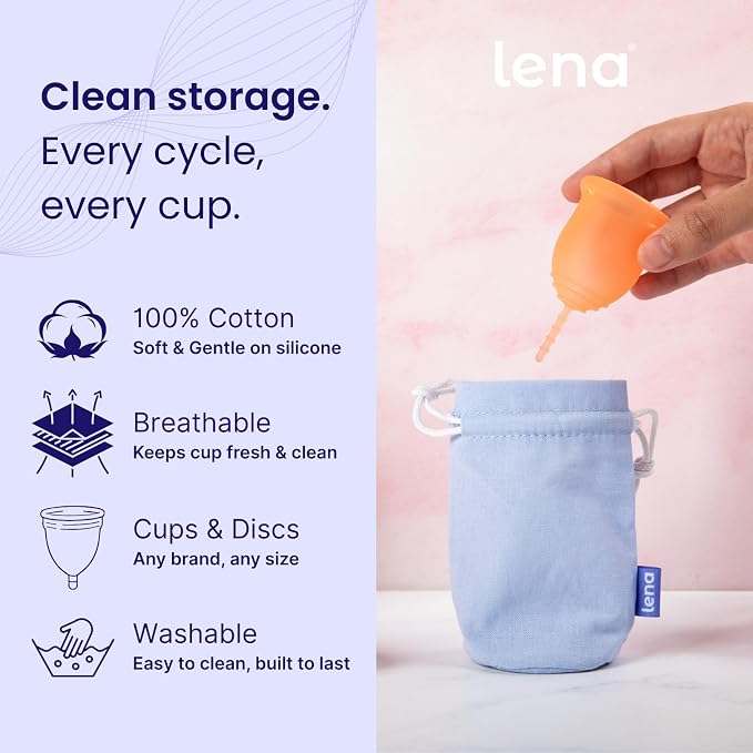 Lena Menstrual Cup Storage Bag - 100% Cotton Drawstring Pouch for Menstrual Cups, Period Cup Carrying Case, Breathable Cup Holder Bag for Travel and Storage, Disc Container, Light Blue