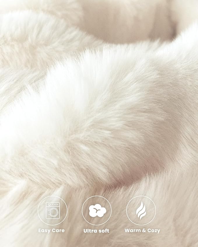 Ultra Soft Cozy Faux Fur Throw Blanket, Fuzzy Plush Thick Bubble Blanket, Oversize Luxury Fluffy Blanket for Couch, Bed, and Living Room, 60x80 Inches, Cream White