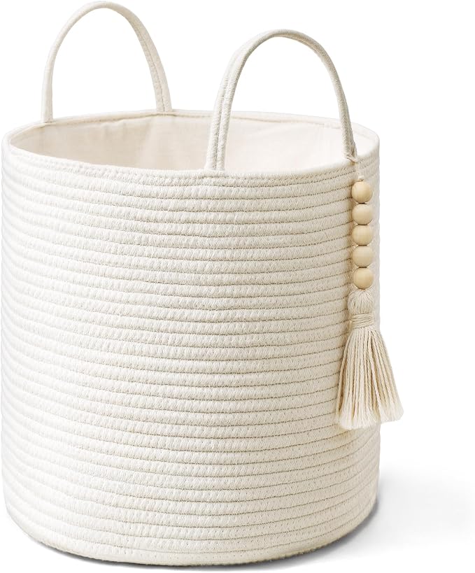 Mkono Woven Storage Basket for Blanket, Toys Plant Organizer, 11"W x 11"L | White, Cotton, Decorative Basket with Handle, Wood Beads Tassel, Shoes Towel Clothes Storage Bin, Living Room Bedroom Nursery