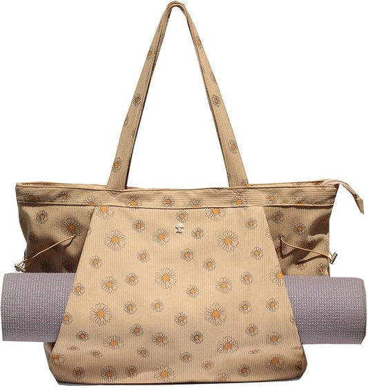 ESVAN Corduroy Yoga Tote Bag Gifts for Women Drawstring Yoga Mat Bag for Office Workout Travel Carryall Pilates Gym