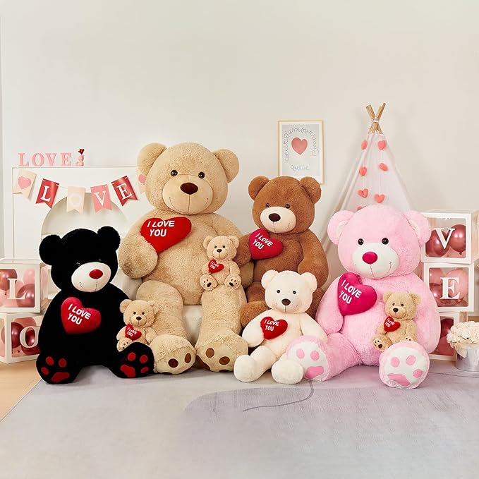 Big Teddy Bears, Giant White Teddy Bear Stuffed Animals with Embroidered I Love You for Girlfriend, Red Heart Fluffy Teddy Bear Birthday Gifts 36 inches