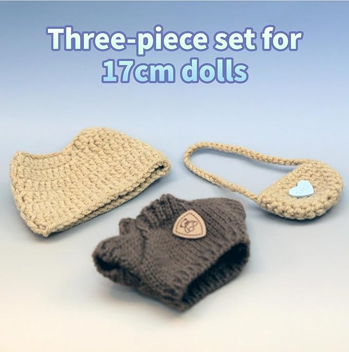 3-Piece Knit and Plush Doll Outfit Set for 17cm Collectibles - Handmade Crochet Set (Hat+Sweater+Bag) - No Doll Included