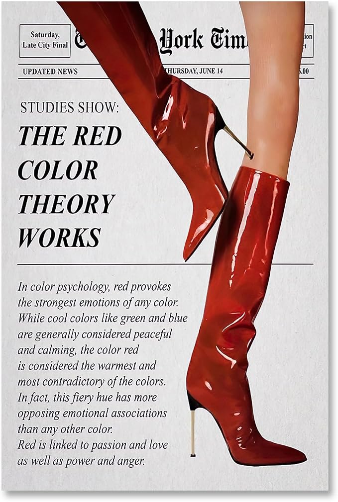 LEKDRA Vintage Color Theory Newspaper Poster Retro Fashion Red Boots Canvas Wall Art Funky Girl Room Decor Feminist Quote Print Wall Decor Aesthetic for Girly Bedroom Home Dorm 16x24inch Unframed