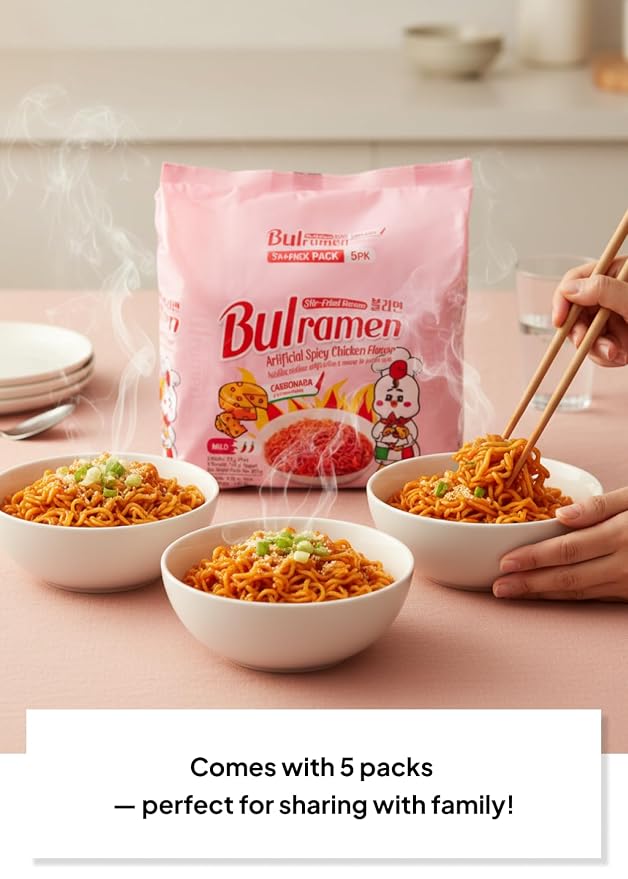 Korean Food Bulramen Stir-Fried Ramen Mild Spicy Instant Carbonara 5 Packs | Stir-fried carbonara-style instant noodles with mild spicy chicken-style flavor. Includes 5 convenient packs.