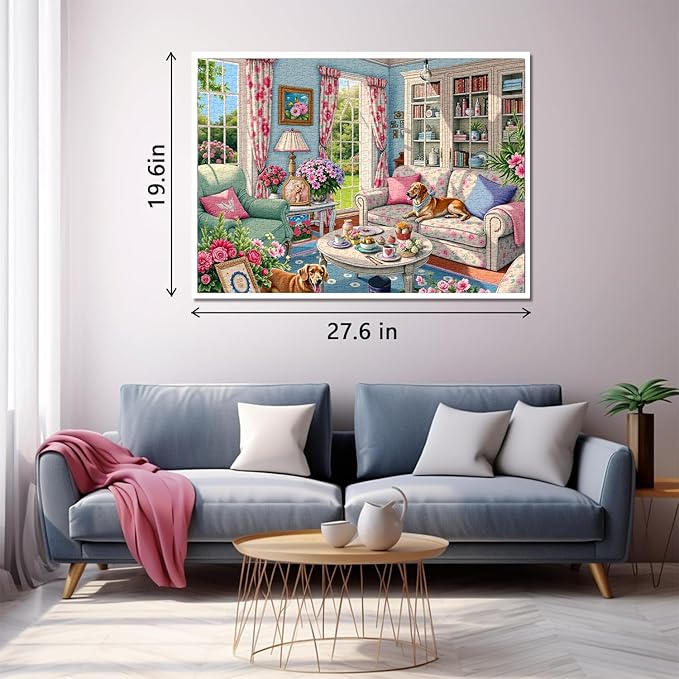 Living Room Puzzle 1000 Pieces for Adults, Flower Dog Jigsaw Puzzle, Challenging Floral Room Puzzle as Wall Decor