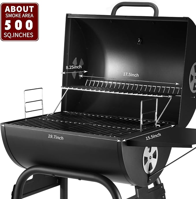 Charcoal Grill Outdoor BBQ Grill, Barrel Charcoal Grills with Side Table, with Nearly 500 Sq.In. Cooking Grid Area, Outdoor Backyard Camping Picnics, Patio and Parties, Black by DNKMOR