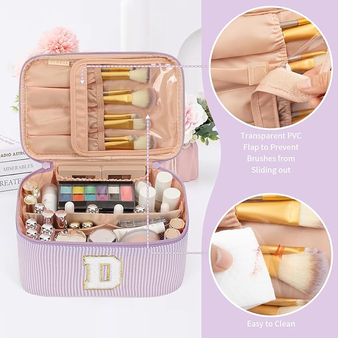 OCHEAL Makeup Bag Valentines Day Gifts for Women, Monogram Cosmetic Bag Purple Travel Makeup Case Beauty Toiletry Bag Organizer Personalized Gifts for Girls Bridesmaid, Sister, Wife, Friends Initial D